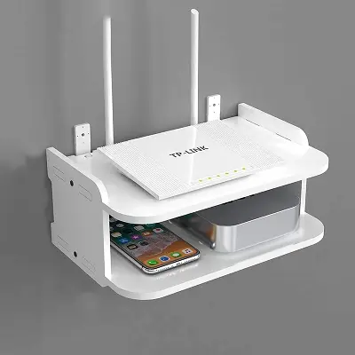 Picture of WiFi Router Storage Box Wall-Mounted WiFi Shelf Wireless Cat WiFi Box Non-Porous Wall-Mounted Set-top Box Shelf WiFi Router Shelf TV Top Shelf - White