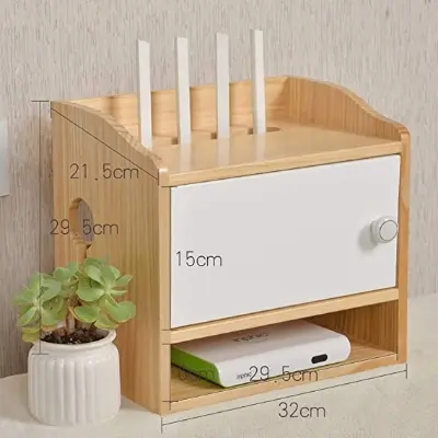 Picture of WiFi Router Storage Box Wireless WiFi Router Storage Box Desktop TV Set-top Box Rack Solid Wood 3 Layer Power Cord Finishing Box Decorative - white