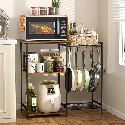 Picture of Kitchen Stand with Pots Rack, Utility Microwave Oven Stand with Storage, 5 Tiers Coffee Bar Table, Small Kitchen Bakers Rack with 6 S Hooks, Kitchen Storage Shelf Rack for Spices, Pots, Rustic Brown - Black