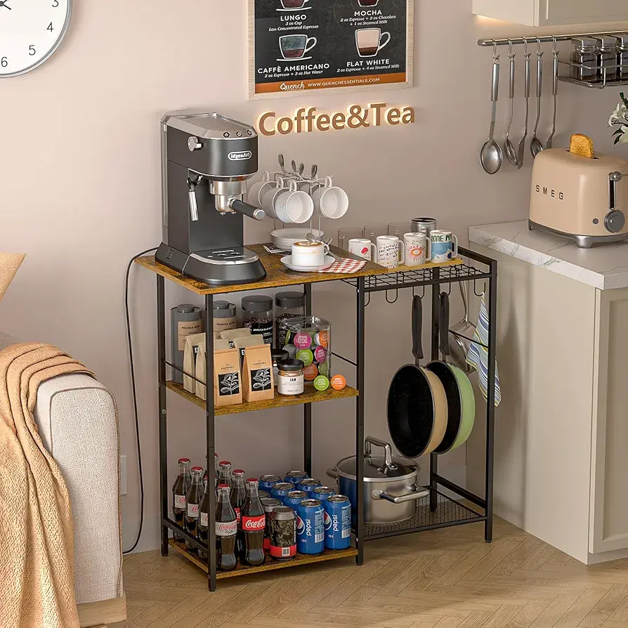 Picture of Kitchen Stand with Pots Rack, Utility Microwave Oven Stand with Storage, 5 Tiers Coffee Bar Table, Small Kitchen Bakers Rack with 6 S Hooks, Kitchen Storage Shelf Rack for Spices, Pots, Rustic Brown - Black