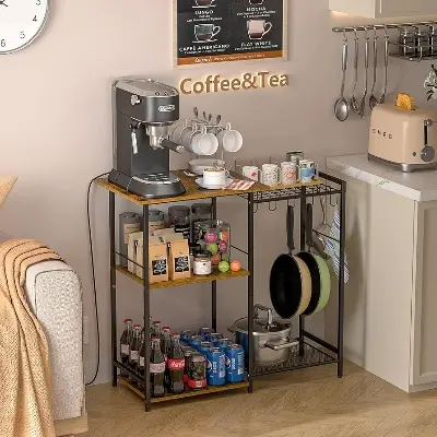 Picture of Kitchen Stand with Pots Rack, Utility Microwave Oven Stand with Storage, 5 Tiers Coffee Bar Table, Small Kitchen Bakers Rack with 6 S Hooks, Kitchen Storage Shelf Rack for Spices, Pots, Rustic Brown - Black