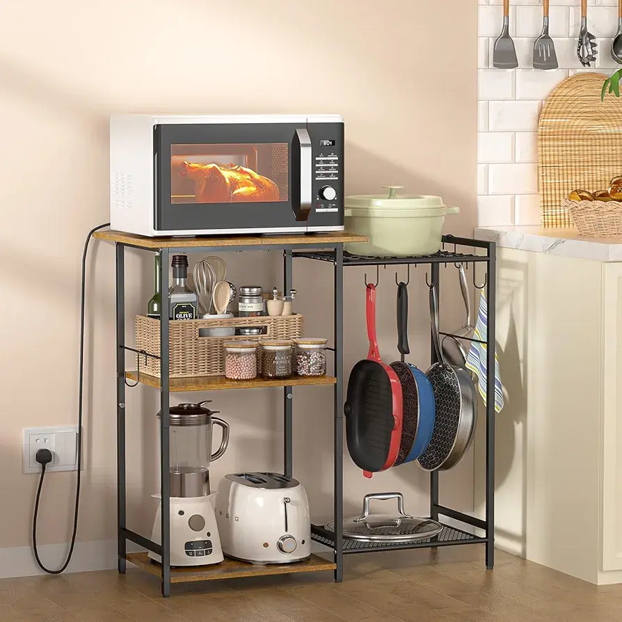 Picture of Kitchen Stand with Pots Rack, Utility Microwave Oven Stand with Storage, 5 Tiers Coffee Bar Table, Small Kitchen Bakers Rack with 6 S Hooks, Kitchen Storage Shelf Rack for Spices, Pots, Rustic Brown - Black