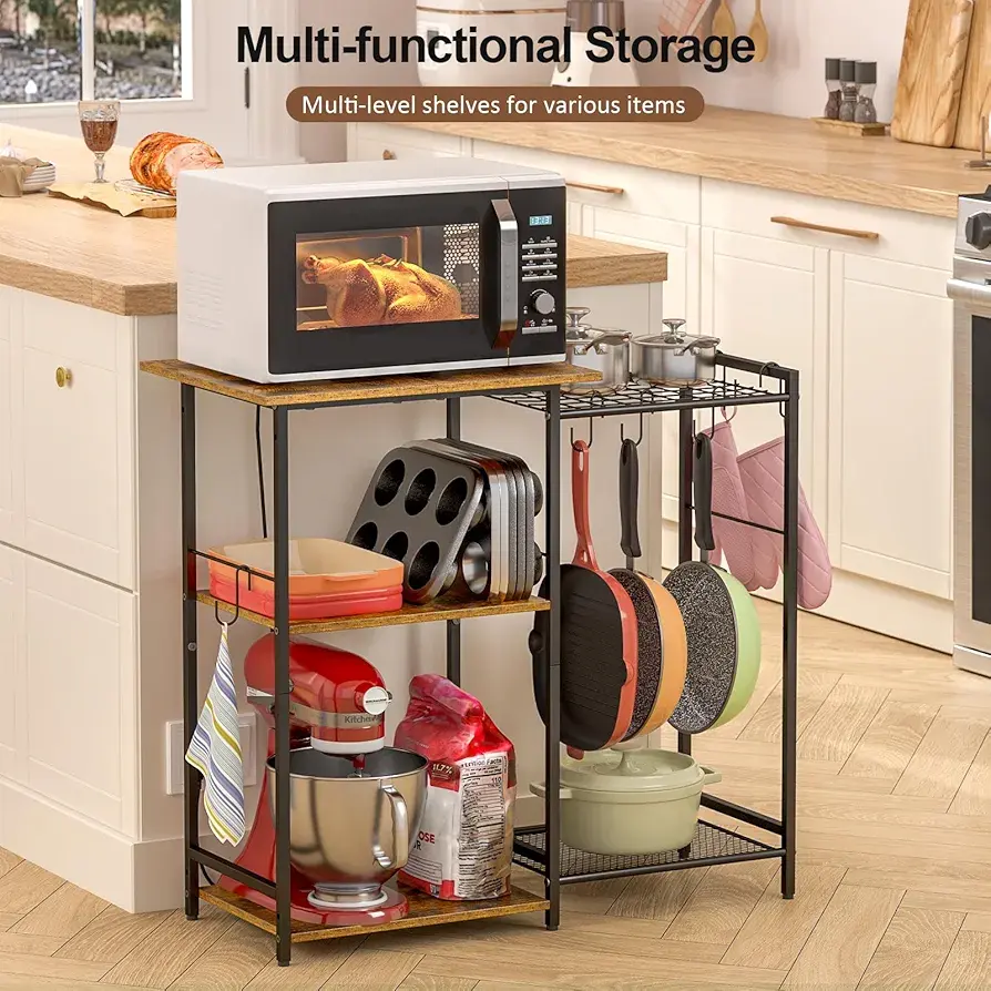 Picture of Kitchen Stand with Pots Rack, Utility Microwave Oven Stand with Storage, 5 Tiers Coffee Bar Table, Small Kitchen Bakers Rack with 6 S Hooks, Kitchen Storage Shelf Rack for Spices, Pots, Rustic Brown - Black