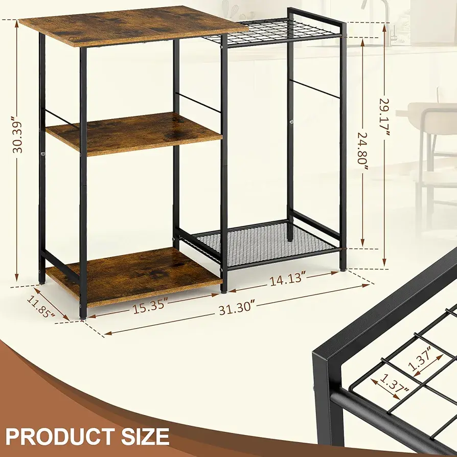 Picture of Kitchen Stand with Pots Rack, Utility Microwave Oven Stand with Storage, 5 Tiers Coffee Bar Table, Small Kitchen Bakers Rack with 6 S Hooks, Kitchen Storage Shelf Rack for Spices, Pots, Rustic Brown - Black