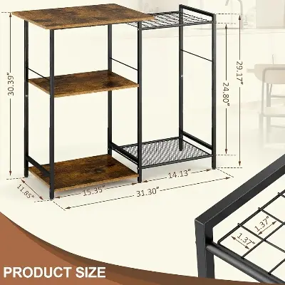 Picture of Kitchen Stand with Pots Rack, Utility Microwave Oven Stand with Storage, 5 Tiers Coffee Bar Table, Small Kitchen Bakers Rack with 6 S Hooks, Kitchen Storage Shelf Rack for Spices, Pots, Rustic Brown - Black