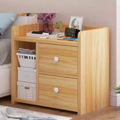 Picture of Bedside Table Modern Simple Solid Wood Storage Cabinet Bedroom Bedside Shelf with 2 Storage Drawers Economical and Practical Nightstand