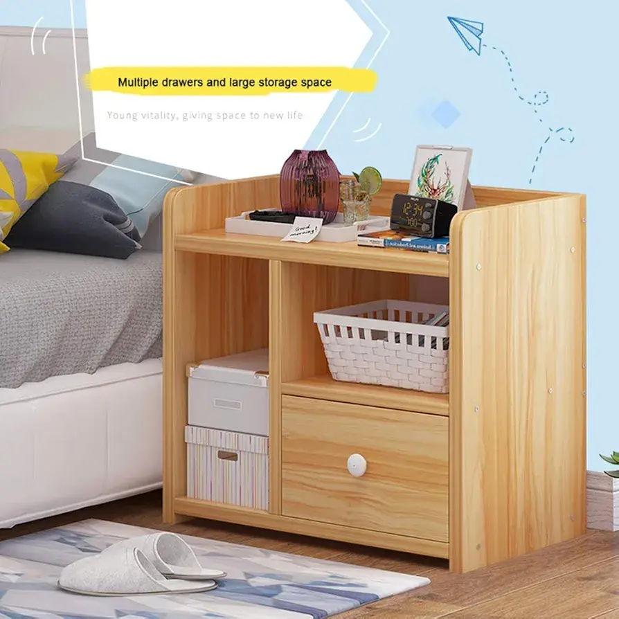 Picture of Bedside Table Modern Simple Solid Wood Storage Cabinet Bedroom Bedside Shelf with 2 Storage Drawers Economical and Practical Nightstand