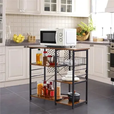 Picture of Kitchen Baker‘s Rack, Rolling Storage Rack Shelf, Microwave Oven Stand Shelf, Removable Kitchen Organizer with Metal Frame, Utility Storage Shelf, 3 Hooks, Brown - Black