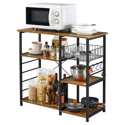 Picture of Kitchen Baker‘s Rack, Rolling Storage Rack Shelf, Microwave Oven Stand Shelf, Removable Kitchen Organizer with Metal Frame, Utility Storage Shelf, 3 Hooks, Brown - Black