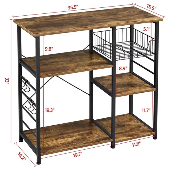 Picture of Kitchen Baker‘s Rack, Rolling Storage Rack Shelf, Microwave Oven Stand Shelf, Removable Kitchen Organizer with Metal Frame, Utility Storage Shelf, 3 Hooks, Brown - Black