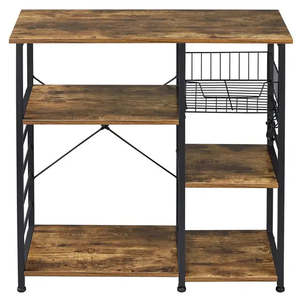 Picture of Kitchen Baker‘s Rack, Rolling Storage Rack Shelf, Microwave Oven Stand Shelf, Removable Kitchen Organizer with Metal Frame, Utility Storage Shelf, 3 Hooks, Brown - Black