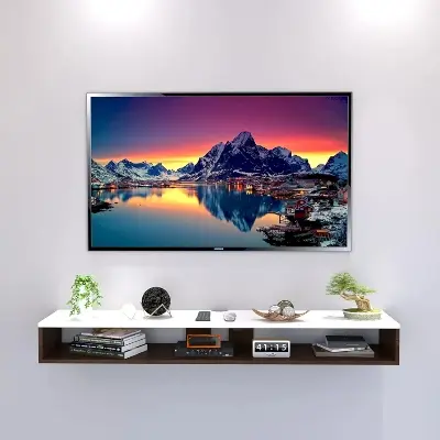 Picture of Wall Mounted TV Unit, Cabinet, with TV Stand Unit Wall Shelf for Living Room/Engineered Wood TV Entertainment Unit Set Top Box Stand/TV Cabinet (90 White Walnut - Black