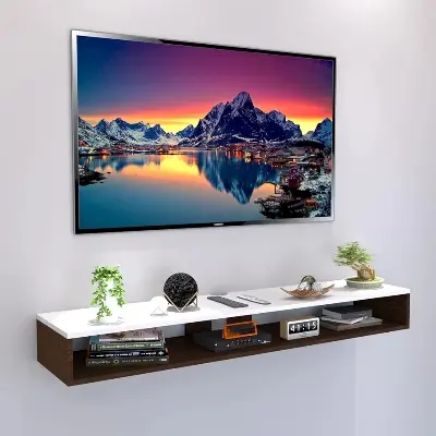 Picture of Wall Mounted TV Unit, Cabinet, with TV Stand Unit Wall Shelf for Living Room/Engineered Wood TV Entertainment Unit Set Top Box Stand/TV Cabinet (90 White Walnut - Black