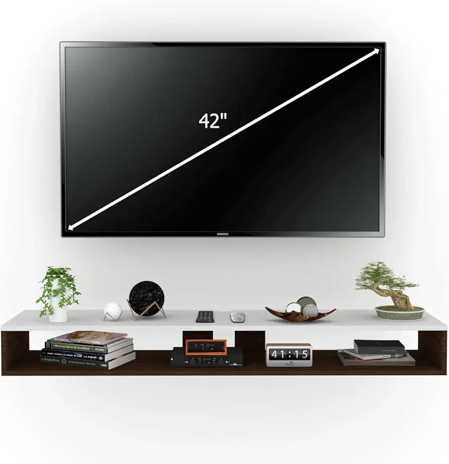 Picture of Wall Mounted TV Unit, Cabinet, with TV Stand Unit Wall Shelf for Living Room/Engineered Wood TV Entertainment Unit Set Top Box Stand/TV Cabinet (90 White Walnut - Black