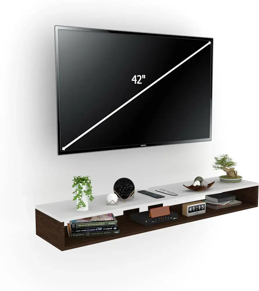 Picture of Wall Mounted TV Unit, Cabinet, with TV Stand Unit Wall Shelf for Living Room/Engineered Wood TV Entertainment Unit Set Top Box Stand/TV Cabinet (90 White Walnut - Black