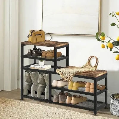 Picture of Shoe Rack Bench Shoe Storage Organizer with Seat, 5-Tier Industrial Free Standing Shoe Rack for Entryway, Narrow Shoe Rack Organizer Shelves for High Heels, Entryways, Hallways, Closets,Brown