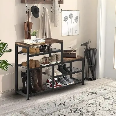 Picture of Shoe Rack Bench Shoe Storage Organizer with Seat, 5-Tier Industrial Free Standing Shoe Rack for Entryway, Narrow Shoe Rack Organizer Shelves for High Heels, Entryways, Hallways, Closets,Brown