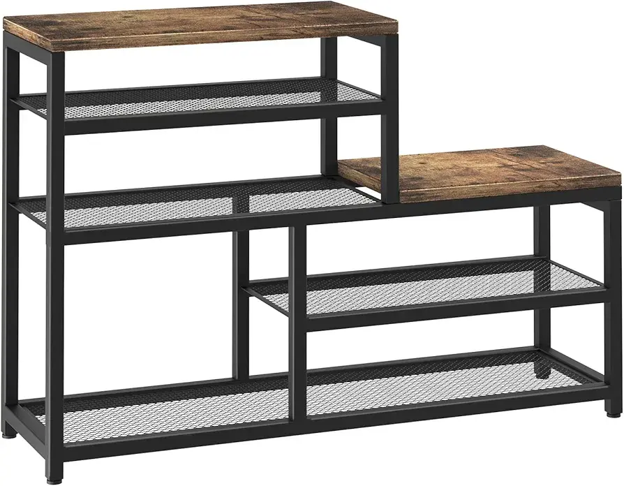 Picture of Shoe Rack Bench Shoe Storage Organizer with Seat, 5-Tier Industrial Free Standing Shoe Rack for Entryway, Narrow Shoe Rack Organizer Shelves for High Heels, Entryways, Hallways, Closets,Brown