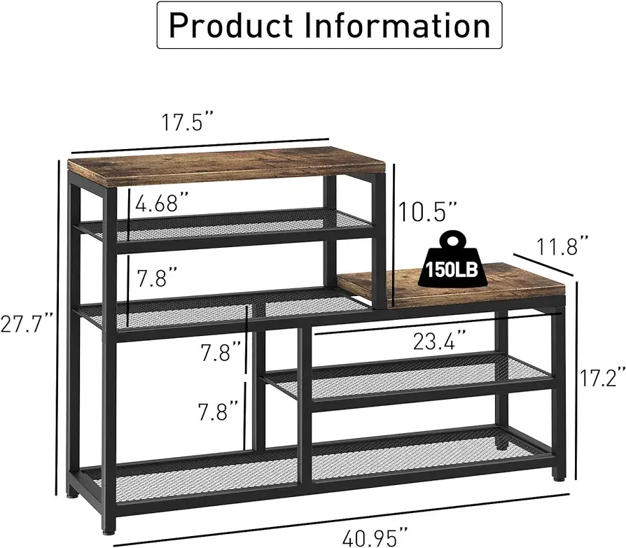 Picture of Shoe Rack Bench Shoe Storage Organizer with Seat, 5-Tier Industrial Free Standing Shoe Rack for Entryway, Narrow Shoe Rack Organizer Shelves for High Heels, Entryways, Hallways, Closets,Brown
