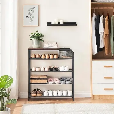 Picture of Shoe Rack,5 Layers of Shoe Storage Racks and Lockers,Freestanding Shoe Cabinet with Wooden Top and Mesh Storage Basket,Holds 20-25 Pairs of Shoes,Brown