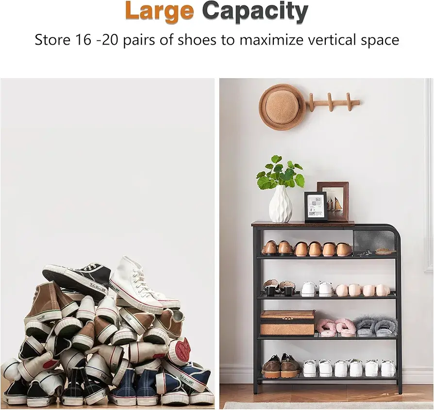 Picture of Shoe Rack,5 Layers of Shoe Storage Racks and Lockers,Freestanding Shoe Cabinet with Wooden Top and Mesh Storage Basket,Holds 20-25 Pairs of Shoes,Brown