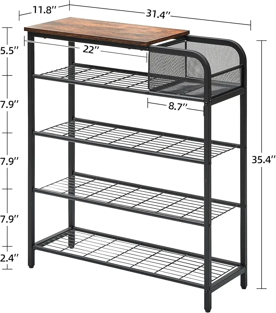 Picture of Shoe Rack,5 Layers of Shoe Storage Racks and Lockers,Freestanding Shoe Cabinet with Wooden Top and Mesh Storage Basket,Holds 20-25 Pairs of Shoes,Brown