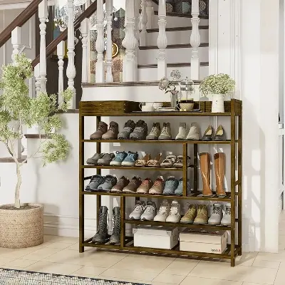 Picture of Shoe Rack for Front Door Entrance Bamboo Shoe Organizer with Storage Box Free Standing Shoe Cabinet Shoe Storage Shelf for entryway