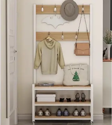 Picture of Industrial Hall Tree for Entryway, Wood and Metal Coat Rack with Shoe Bench, Storage Shelf Organizer Accent Furniture with Double Row of Hooks