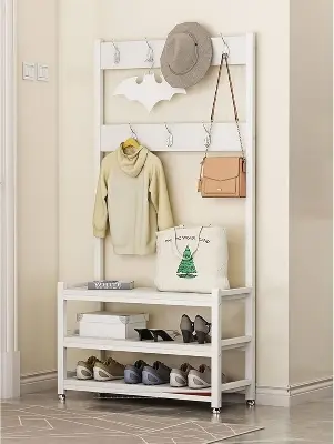 Picture of Industrial Hall Tree for Entryway, Wood and Metal Coat Rack with Shoe Bench, Storage Shelf Organizer Accent Furniture with Double Row of Hooks