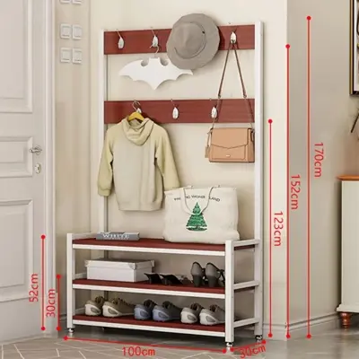 Picture of Industrial Hall Tree for Entryway, Wood and Metal Coat Rack with Shoe Bench, Storage Shelf Organizer Accent Furniture with Double Row of Hooks