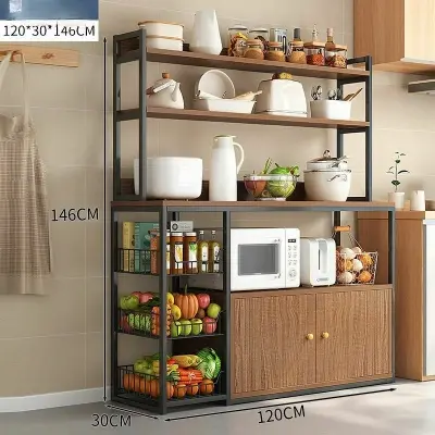 Picture of Kitchen Bakers Rack with Storage, Kitchen Utility Storage Shelf with Cabinet, Microwave Oven Stand with Spice Rack and Hutch, Rustic Brown - Black