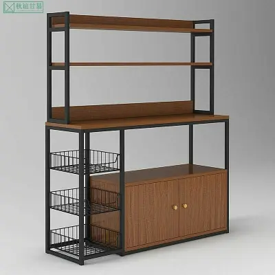 Picture of Kitchen Bakers Rack with Storage, Kitchen Utility Storage Shelf with Cabinet, Microwave Oven Stand with Spice Rack and Hutch, Rustic Brown - Black