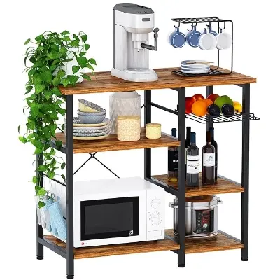 Picture of Kitchen Baker's Rack Vintage Utility Storage Shelf Microwave Stand 3-Tier+3-Tier Table for Spice Rack Organizer Workstation - Black
