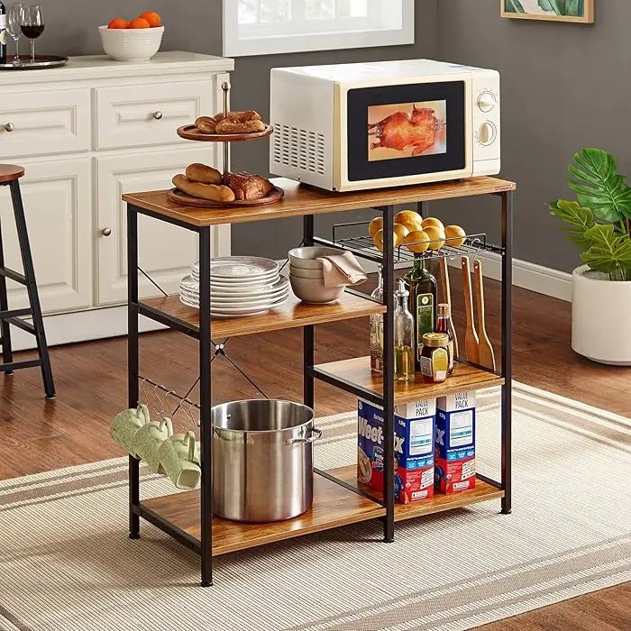 Picture of Kitchen Baker's Rack Vintage Utility Storage Shelf Microwave Stand 3-Tier+3-Tier Table for Spice Rack Organizer Workstation - Black