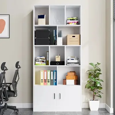 Picture of Ayaan" Tall White Bookshelf with 12 Cubes and 2 Doors, 4-Tier Open Shelf Bookcase with Cabinet, Modern Cube Storage Organizer for Living Room, and Office