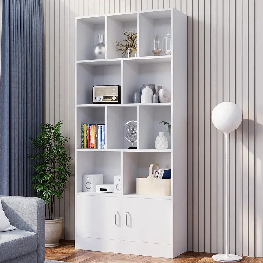 Picture of Ayaan" Tall White Bookshelf with 12 Cubes and 2 Doors, 4-Tier Open Shelf Bookcase with Cabinet, Modern Cube Storage Organizer for Living Room, and Office