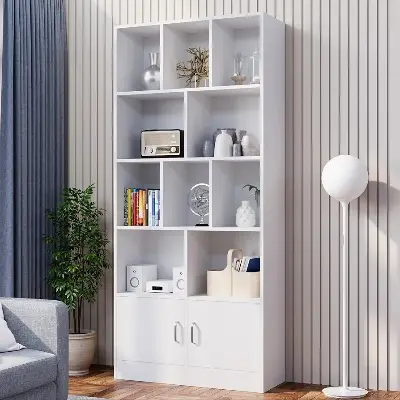 Picture of Ayaan" Tall White Bookshelf with 12 Cubes and 2 Doors, 4-Tier Open Shelf Bookcase with Cabinet, Modern Cube Storage Organizer for Living Room, and Office