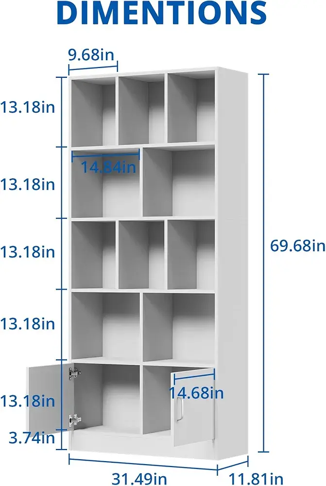 Picture of Ayaan" Tall White Bookshelf with 12 Cubes and 2 Doors, 4-Tier Open Shelf Bookcase with Cabinet, Modern Cube Storage Organizer for Living Room, and Office