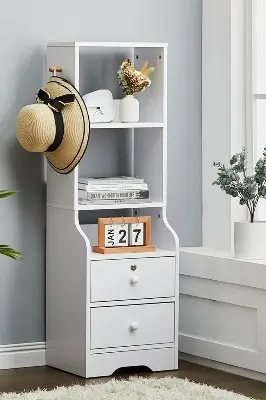 Picture of Badside table  Slim Storage Shelving Unit with Lockable Drawer with 3 Shelves