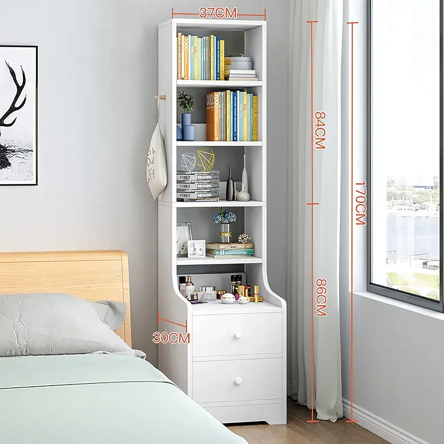 Picture of Badside table  Slim Storage Shelving Unit with Lockable Drawer with 3 Shelves