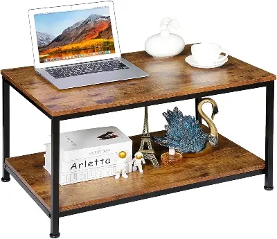 Picture of Coffee Table with Storage Shelf for Living Room, Wood Look Accent Furniture with Vintage Wooden Board Stable Metal Frame Cocktail Table 2-Tier Tea Table - Black