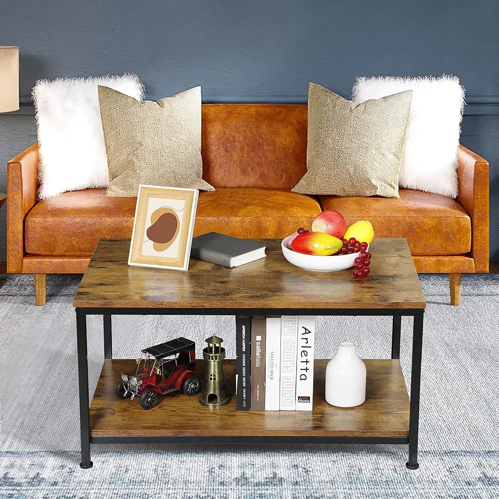 Picture of Coffee Table with Storage Shelf for Living Room, Wood Look Accent Furniture with Vintage Wooden Board Stable Metal Frame Cocktail Table 2-Tier Tea Table - Black