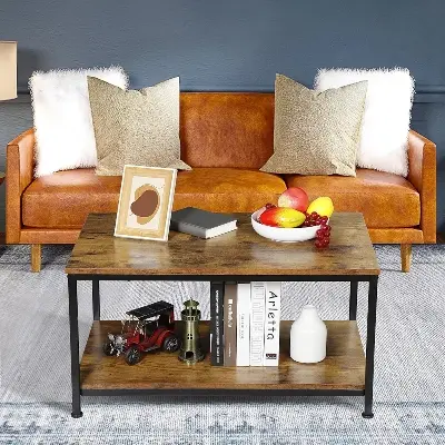 Picture of Coffee Table with Storage Shelf for Living Room, Wood Look Accent Furniture with Vintage Wooden Board Stable Metal Frame Cocktail Table 2-Tier Tea Table - Black