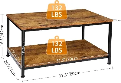 Picture of Coffee Table with Storage Shelf for Living Room, Wood Look Accent Furniture with Vintage Wooden Board Stable Metal Frame Cocktail Table 2-Tier Tea Table - Black