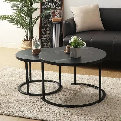 Picture of Round Coffee Tables,2 Round Nesting Table Set Circle Coffee Table with Storage Open Shelf for Living Room Modern Minimalist Style Furniture Side End Table of Stable(Black & White) - Black