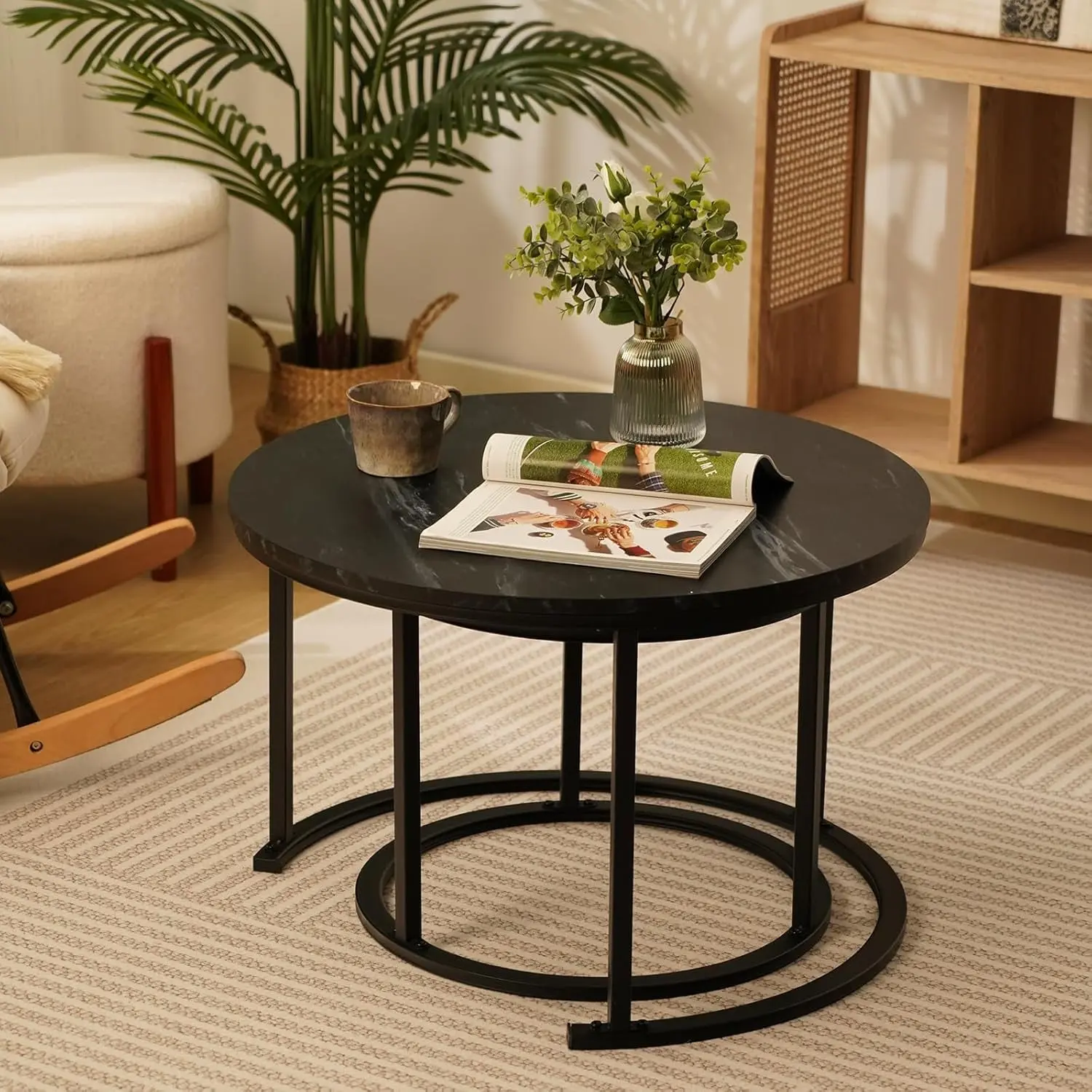 Picture of Round Coffee Tables,2 Round Nesting Table Set Circle Coffee Table with Storage Open Shelf for Living Room Modern Minimalist Style Furniture Side End Table of Stable(Black & White) - Black