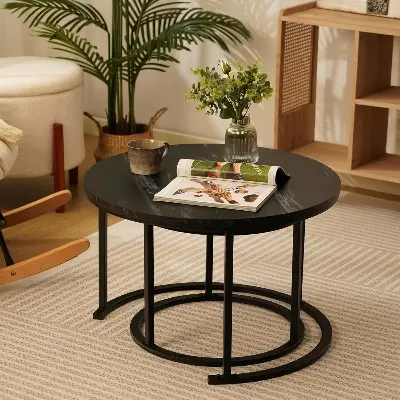 Picture of Round Coffee Tables,2 Round Nesting Table Set Circle Coffee Table with Storage Open Shelf for Living Room Modern Minimalist Style Furniture Side End Table of Stable(Black & White) - Black