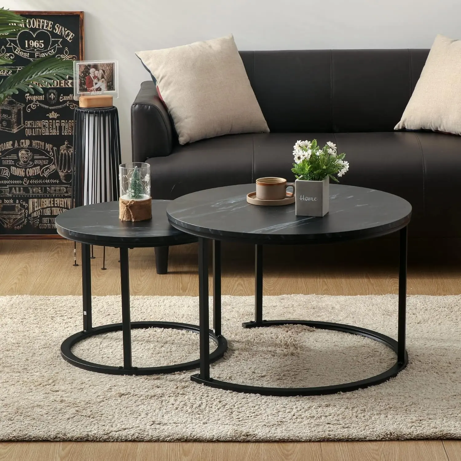 Picture of Round Coffee Tables,2 Round Nesting Table Set Circle Coffee Table with Storage Open Shelf for Living Room Modern Minimalist Style Furniture Side End Table of Stable(Black & White) - Black