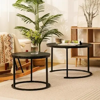 Picture of Round Coffee Tables,2 Round Nesting Table Set Circle Coffee Table with Storage Open Shelf for Living Room Modern Minimalist Style Furniture Side End Table of Stable(Black & White) - Black