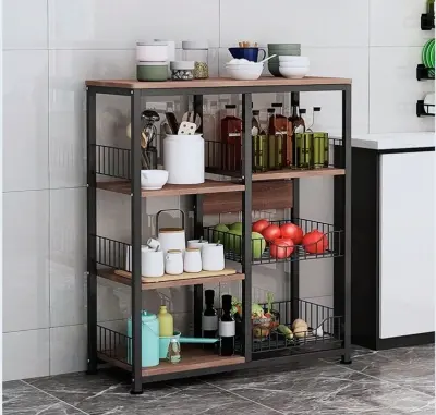 Picture of Kitchen Baker's Rack, Utility Microwave Oven Stand with Storage Cabinet Free Standing Kitchen Shelves Organizers Storage Cart Workstation Shelf for Home - Black
